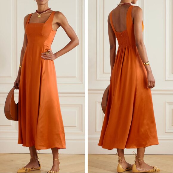 La Ligne Talith Pleated Silk-Satin Midi/Maxi Dress Bright Orange Persimmon Party - Picture 1 of 11